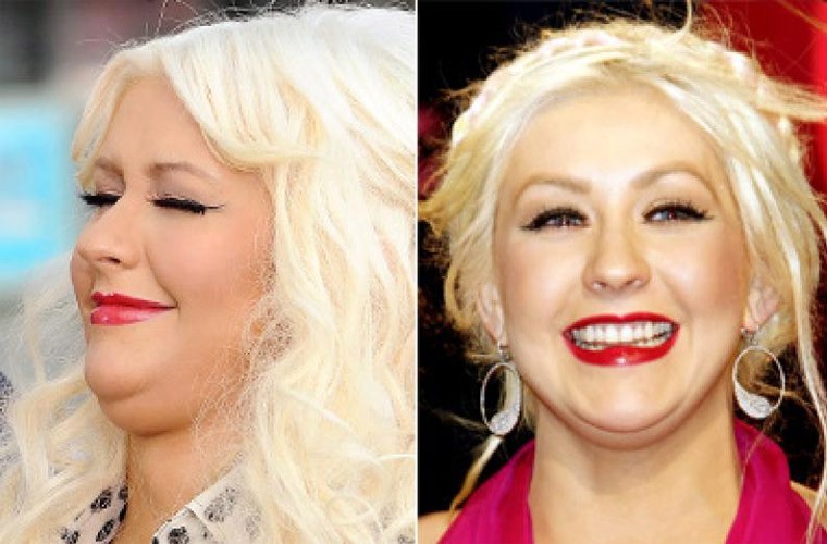 Năm 2012 là thời điểm Christina Aguilera béo nhất, cô nặng 70kg và hậu quả là khuôn mặt nặng nề,  nhược điểm hai cằm rất xấu xí.